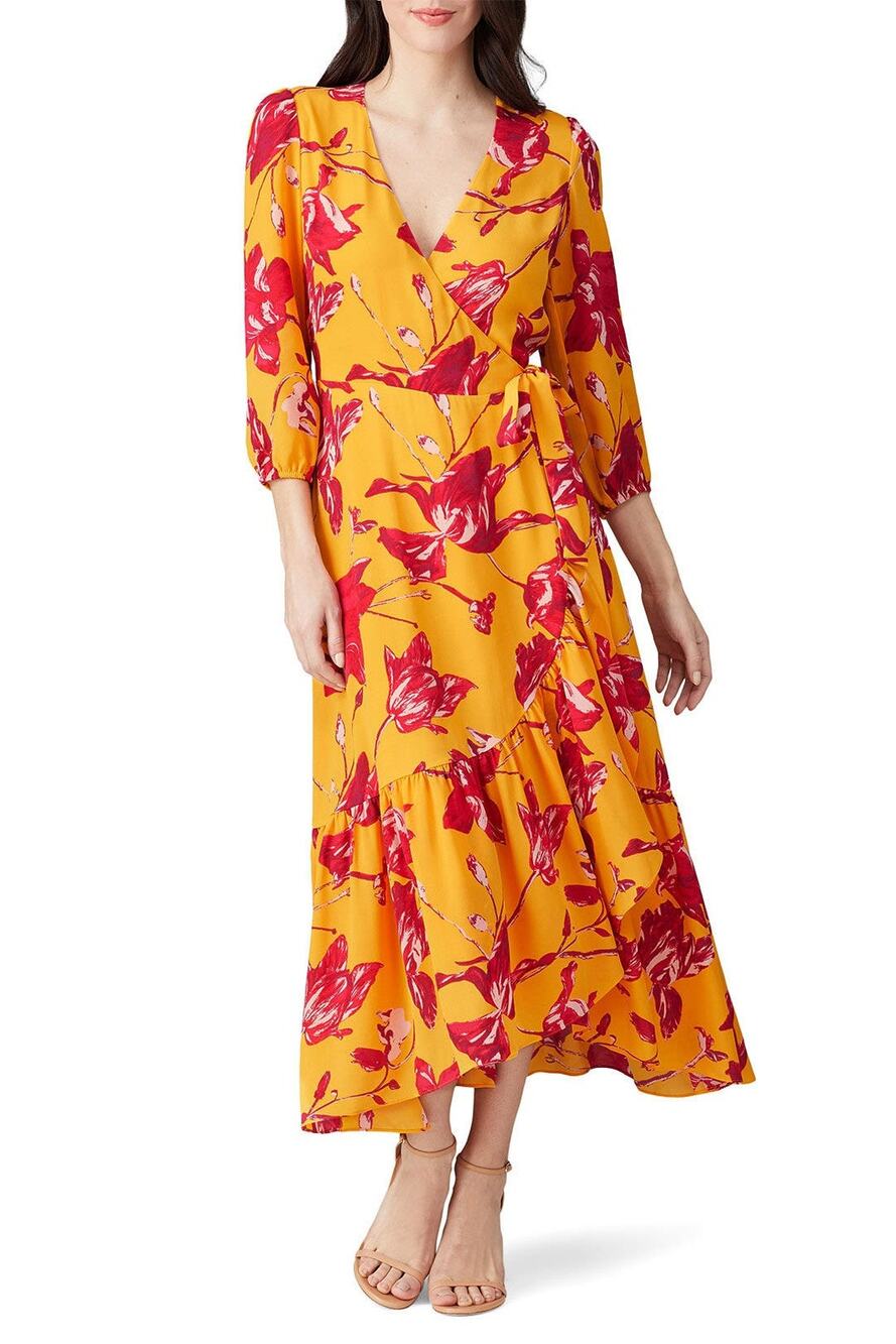 Color Me Courtney Yellow Pink Floral Eleanor Wrap Maxi Dress Women's Size Medium